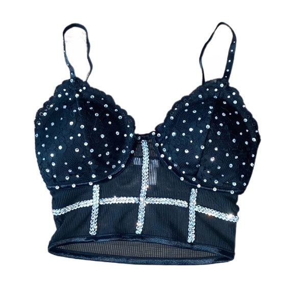Sparkly Luxe Crystal Bling Lacey Black Cami Top Size S M L New - Picture 6 of 6
